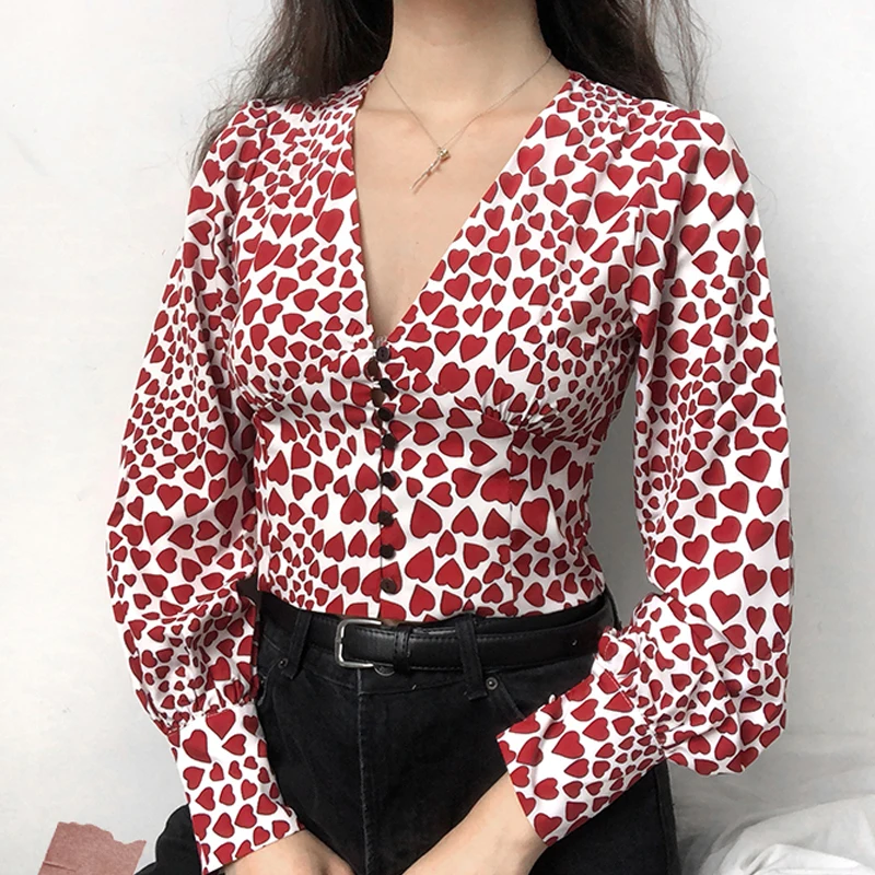 

blusas mujer de moda 2019 Summer womens tops and blouses Casual long sleeve ladies blouse korean heart print boho shirt