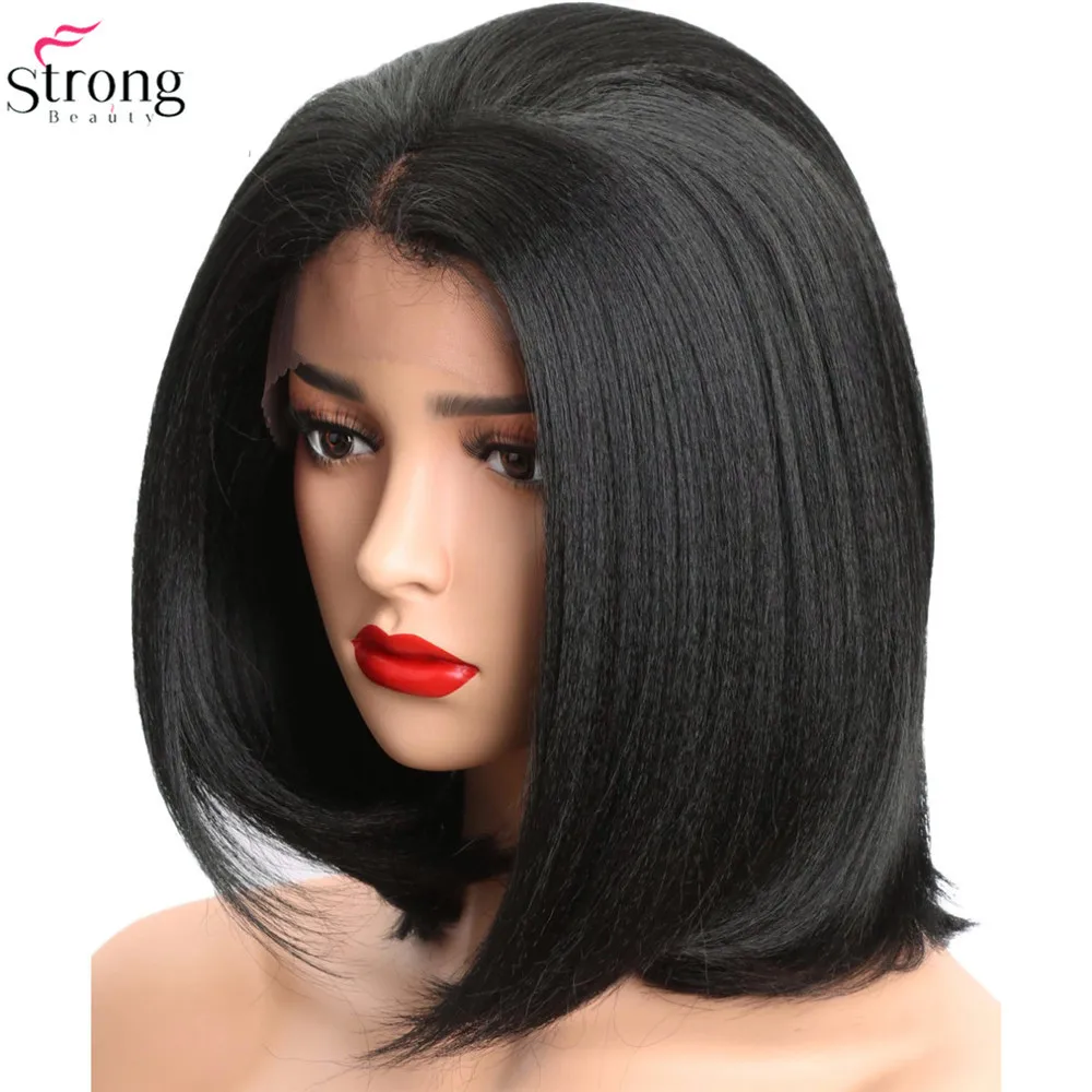 StrongBeauty парики на кружеве для женщин яки прямые волосы черный синтетический кружевной парик Боб