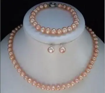

Free Shipping>>new hot South Faddish 8-9MM Natural Pink Akoya Cultured Pearl bracelets necklace earrings set