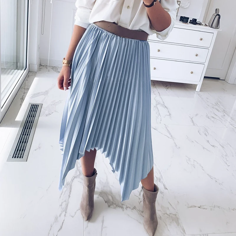 

2019 Promotions Solid Color Half Length Elastic Midi Skirt Womens High Waist Pleated Irregular Pink Ladies Elastic Swing Skirt