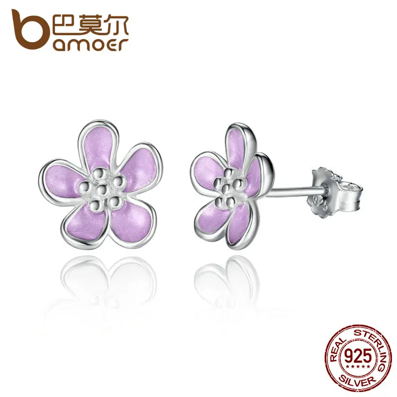 

BAMOER Romantic 925 Sterling Silver Cherry Blossom Stud Earrings, Purple Enamel Earrings for Women Fine Jewelry PAS454