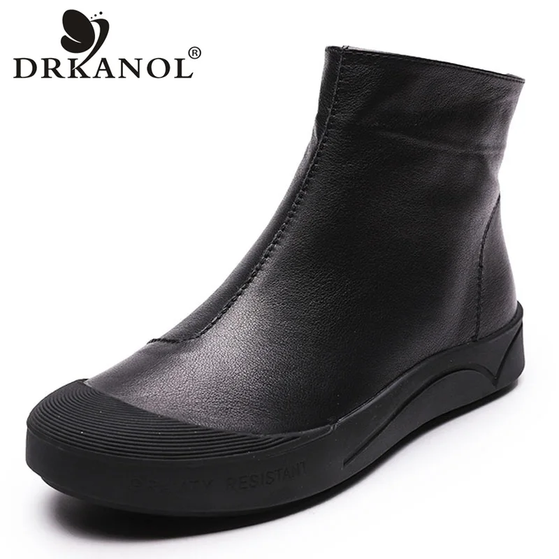 Comprar DRKANOL Otoño Invierno botines de mujer planos de cuero genuino Botas calientes cremallera lateral suave cómodo cuero de vaca Botas H8066