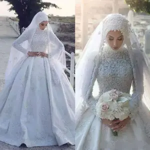 Image 3 - Beyaz müslüman düğün elbisesi ile hicap uzun kolsuz dantel aplike mahkemesi tren kat uzunluk gelinlikler Vestido De Novia