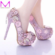 Newest Fashion Pink Wedding Dress Shoes Luxury Bridal Shoes Crystal Rhinestone Shoes Handmade Unique Design Shoes