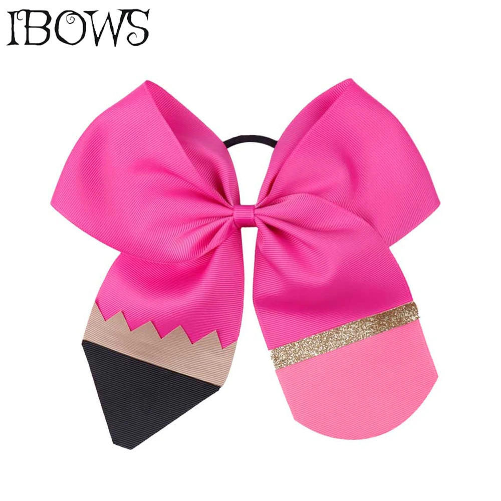 

7" Solid Pencil Hair Bows Girls Back to School Glitter Cheer Bow With Elastic Bands For Kids Boutique Hair Accessories