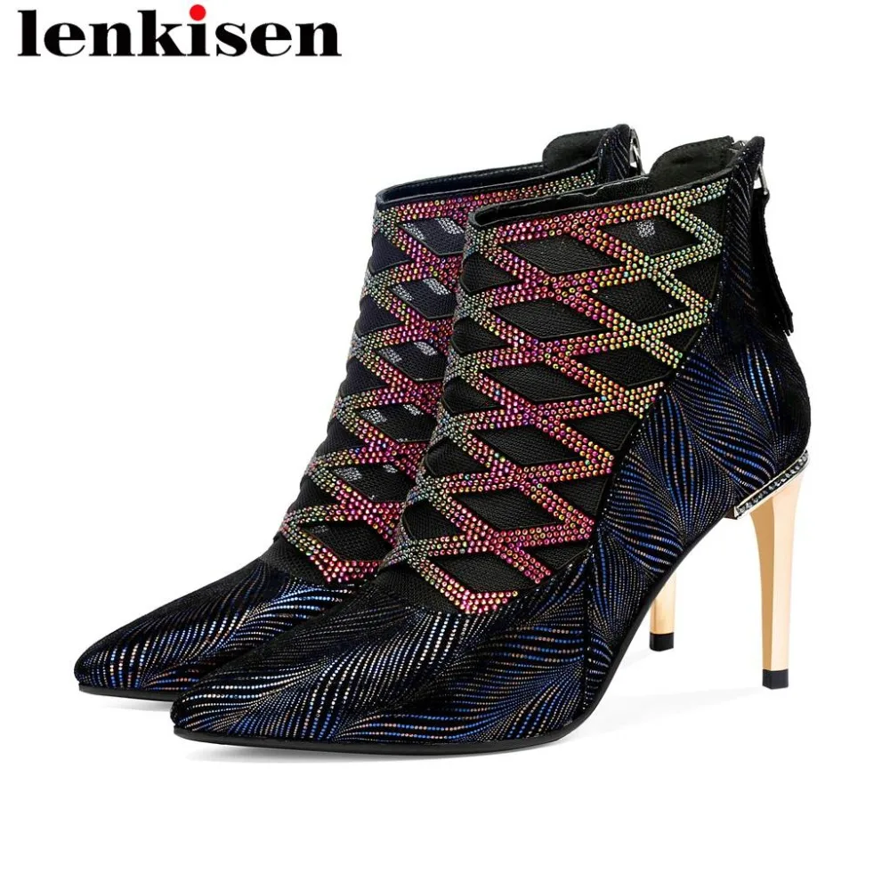

Main recommend mesh glitter crystals natural leather sexy 8cm thin heels zip mature woman pumps mixed colors European shoes L0f5