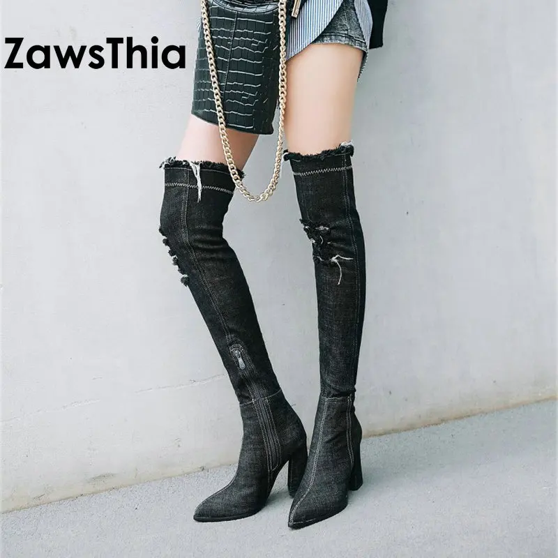 ZawsThia/; сезон весна-осень; цвет синий, черный; ботфорты из матовой джинсовой ткани; женские ботфорты с острым носком на высоком каблуке