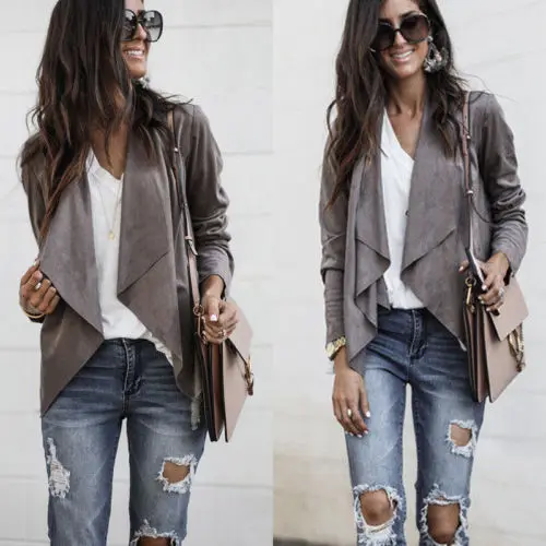

Womens Ladies Long Sleeve Waterfall Cardigan Coat Open Front Suede Jacket Ladies Solid Chic Jackets Female Clothing