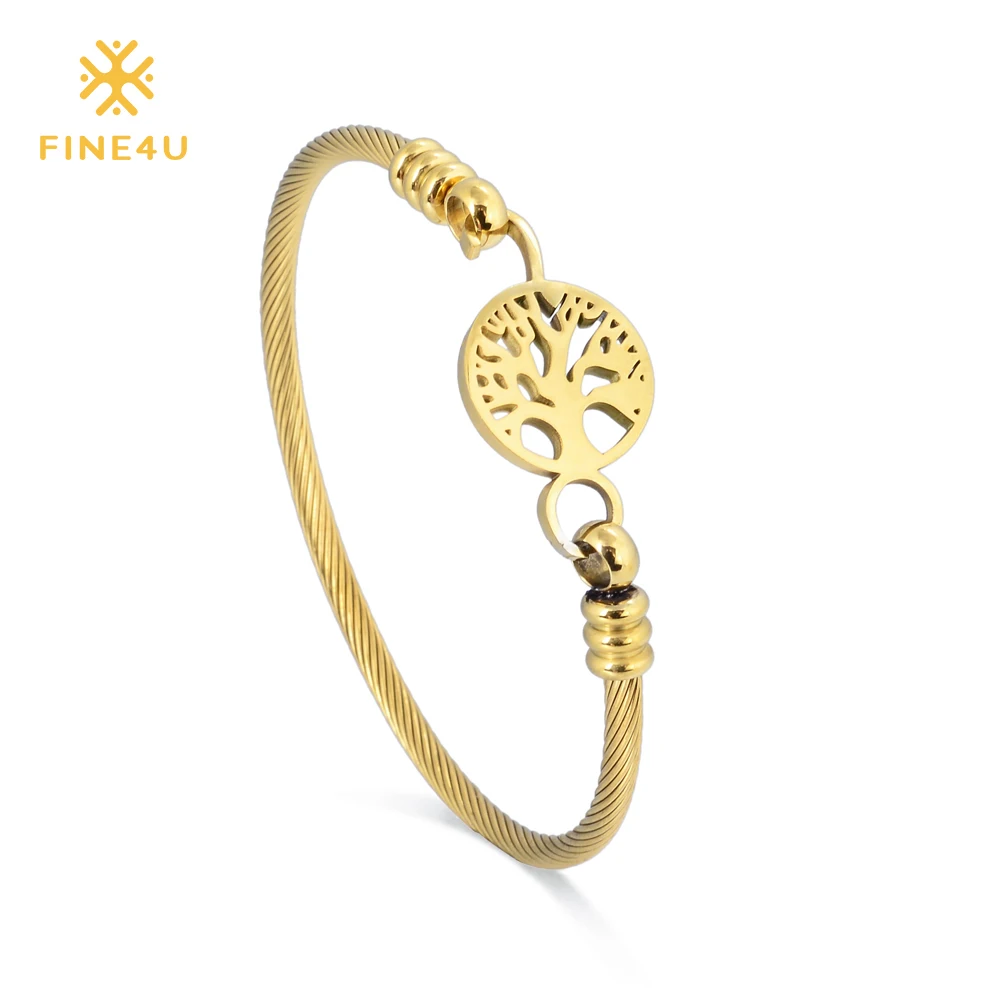 2018 Новый FINE4U B030 316L Нержавеющая сталь манжеты браслет витой кабель с деревом для