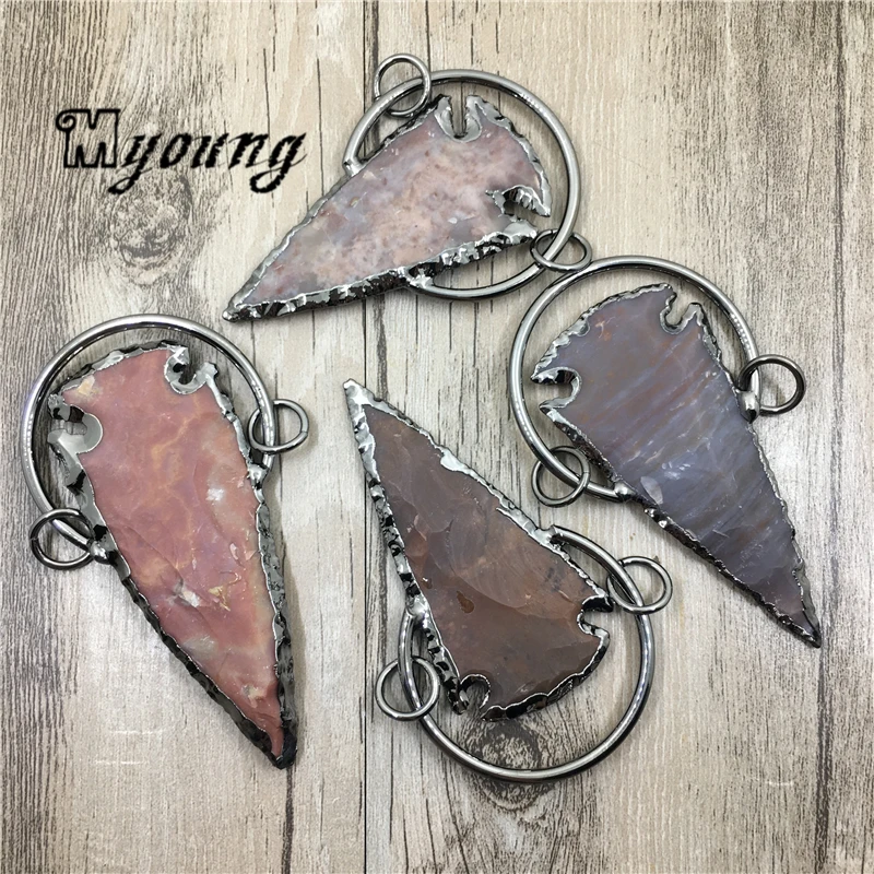 

Large Arrowhead Pendants,Natural raw handmake carved Fossils Agates pendant With Gunblack Loop Jewelry Making Charm MY2001