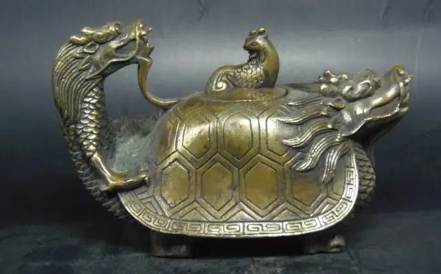 

Elaborate Chinese Old Handwork Copper Carved with Dragon Phoenix turtle head statue auspicious Teapot