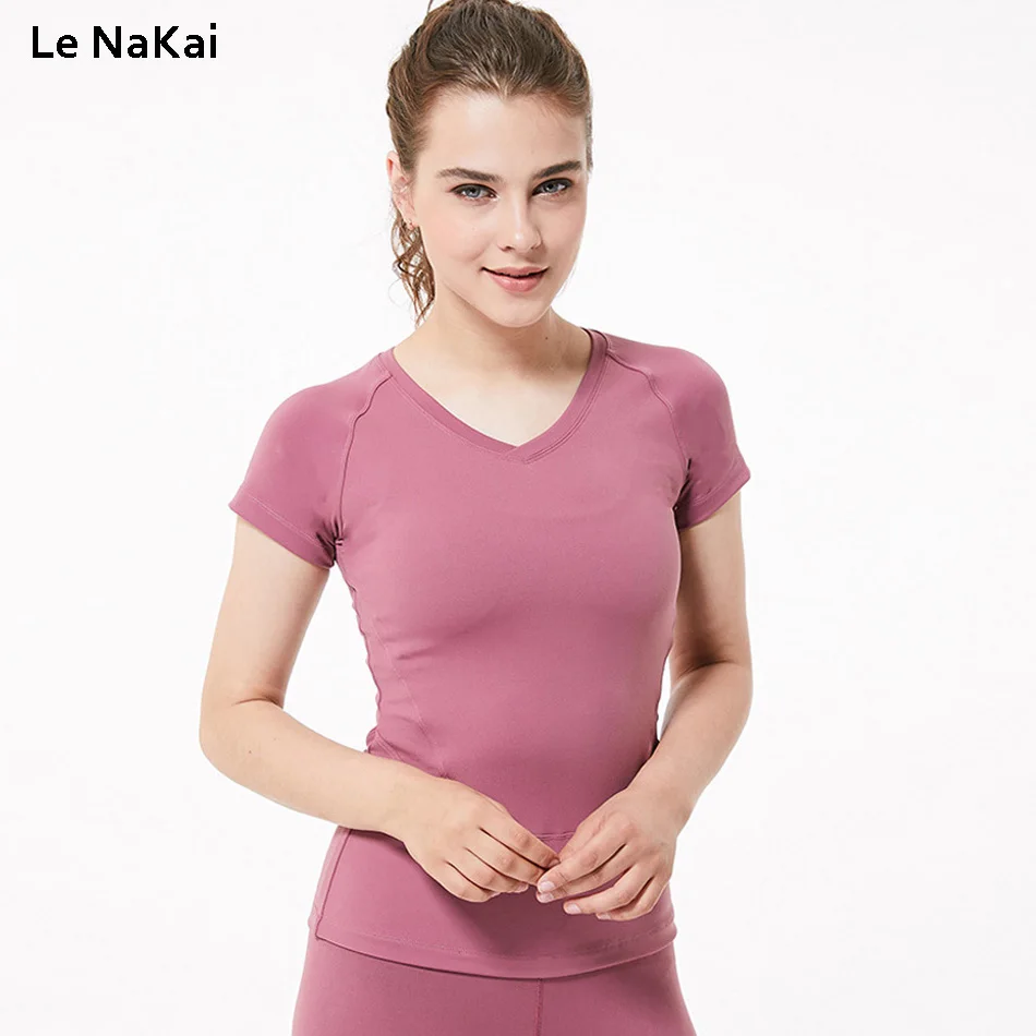 Women Short Sleeve Shirts fitness mesh back gym top Pink Yoga Top V