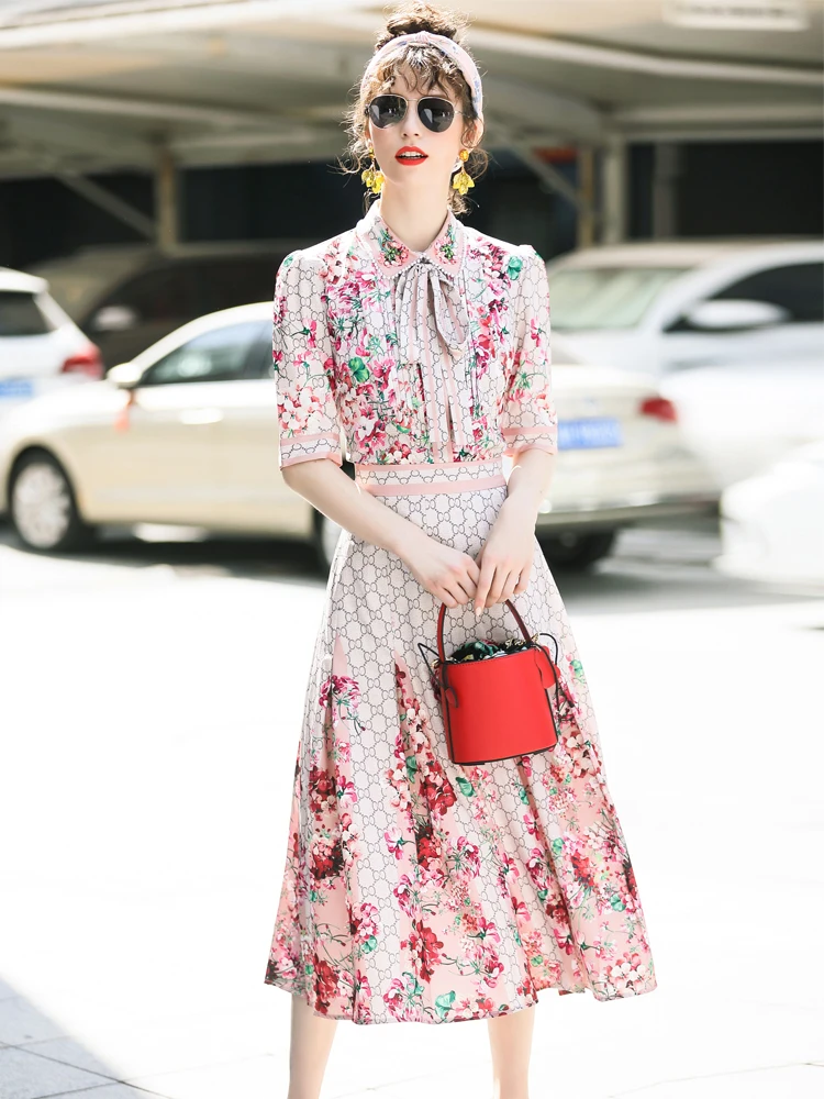 

2018 New Arrival Women Autumn Clothes Elegant Short Sleeve Lace Up Bow Beading Top Printed Mid Calf Skirt Vintage Slim Set