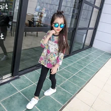 Female child top 2016 autumn child casual fashion print o-neck medium-long basic shirt sweatshirt