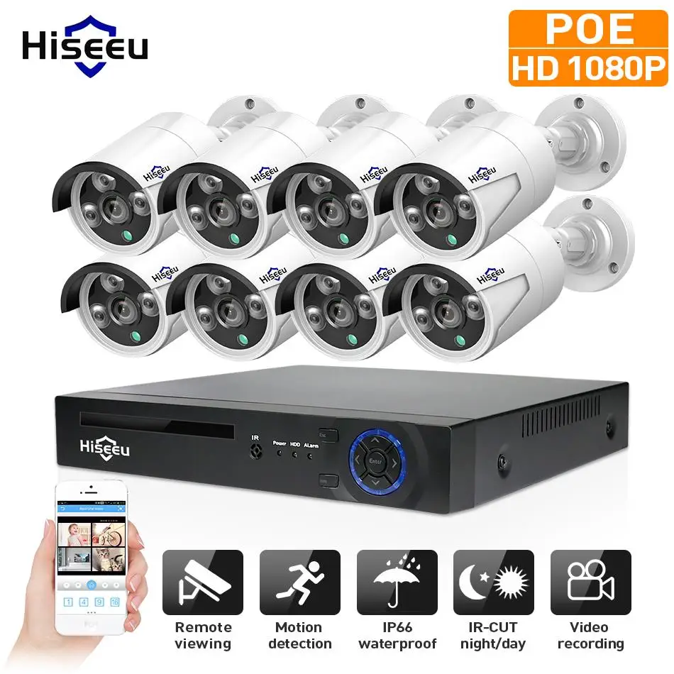 Hiseeu HD 8CH 2MP NVR 1080P POE CCTV камера система Комплект наружная Водонепроницаемая ip-камера POE Домашняя безопасность комплект видеонаблюдения
