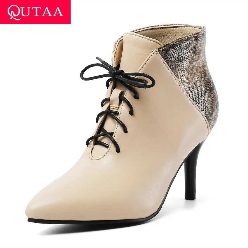 

QUTAA 2020 Snakeskin Mixed Color PU Leather Pointed Toe Ankle Boots Thin High Heel Lace Up Autumn Winter Women Shoes Size 34-43