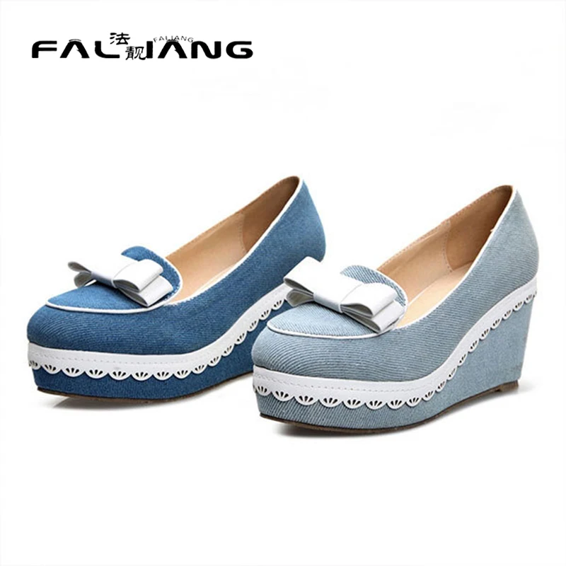 

new arrives comfortable bottom girl shoes FREE SHIPPING female sweet bowtie wedge shoes fashion wedge heels D2558