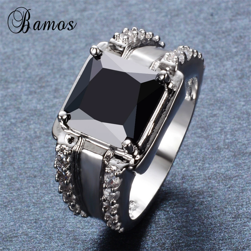 

Bamos Fashion Male Geometric Black Ring 925 Sterling Silver Filled Jewelry Vintage Wedding Rings For Men Birth Stone Gift