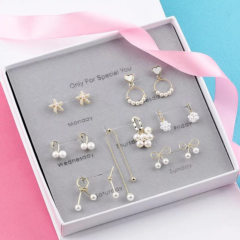 

One Week Earrings Set Simple 925 Sterling Silver Needle With Pearl Combination Stud Earrings Women Party Valentine's Day gifts