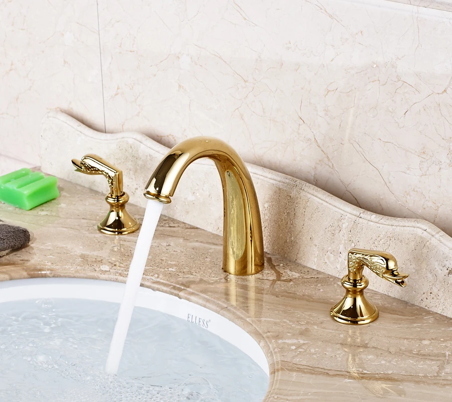 

Deck Mounted Bathroom Sink Faucet Double Handles Three Holes Mixer Tap Gold Finished