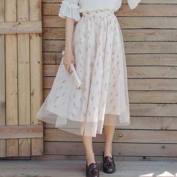 

Long Skirt Summer 2019 New Floral Print Chiffon Mesh Spliced Elastic Waist Party Skirt Fashion Sweet Wild Vintage Beach Skirt