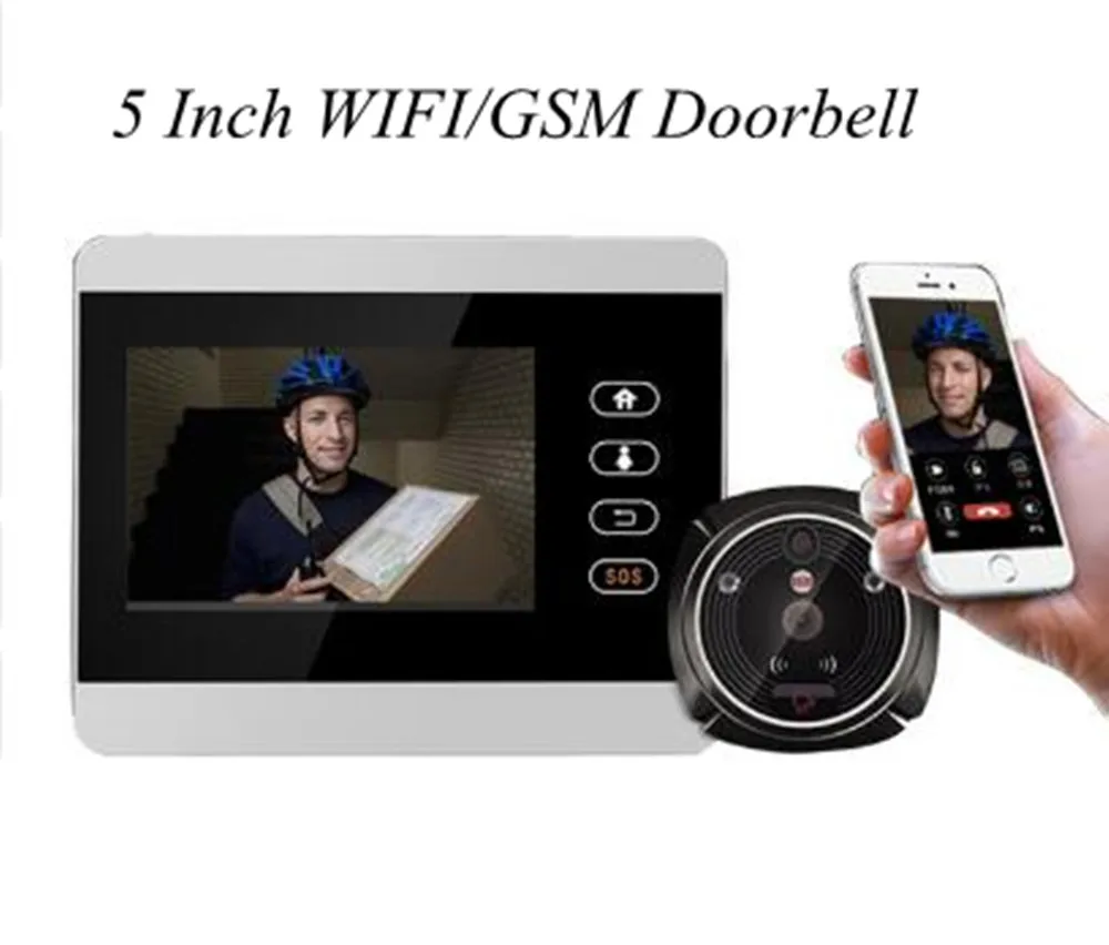 5 дюймов 720P WI-FI дверной звонок 170 градусов глазок - Цвет: 5inch wifi gsm