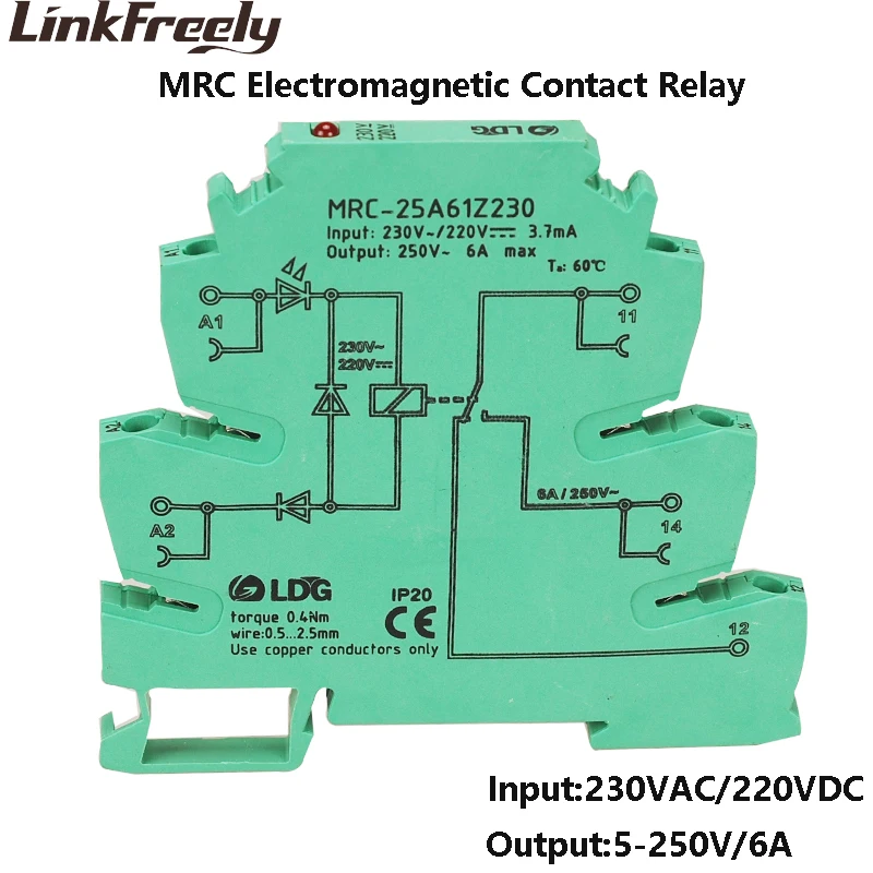 MRC-25A61Z230 230VAC/220VDC мини электромагнитный контакт Светодиодный интерфейс реле Din 6A 250VAC/DC выходное напряжение управления реле