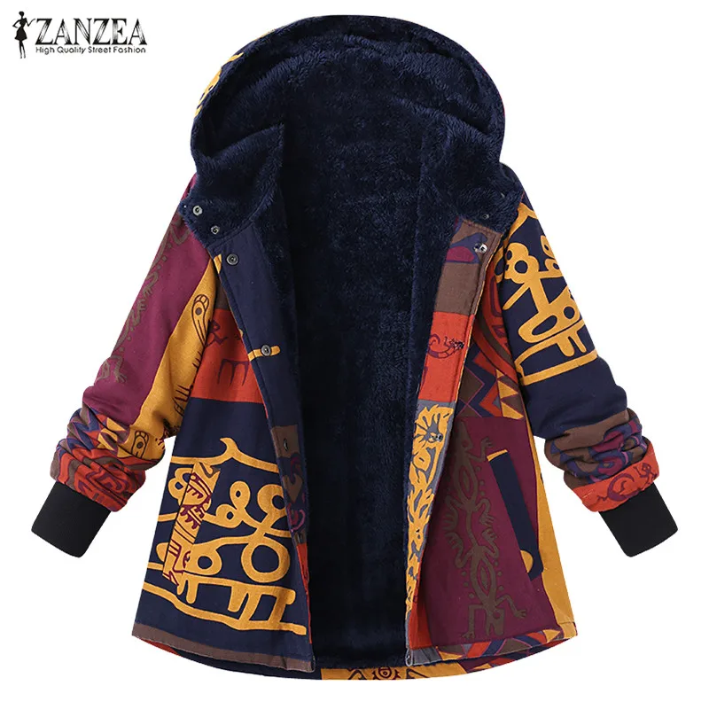 Most effective 2019 ZANZEA Women Vintage Floral Printed Winter Hooded Warm Coat Long Sleeve Plush Fluffy Outerwear