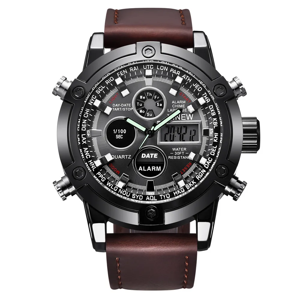 

Luxury Dual Movt Men Clock Sport Men's Leather Quarz Analog Digital LED Sport Wrist Watch Reloj Hombre Militaire Esportivo 2018