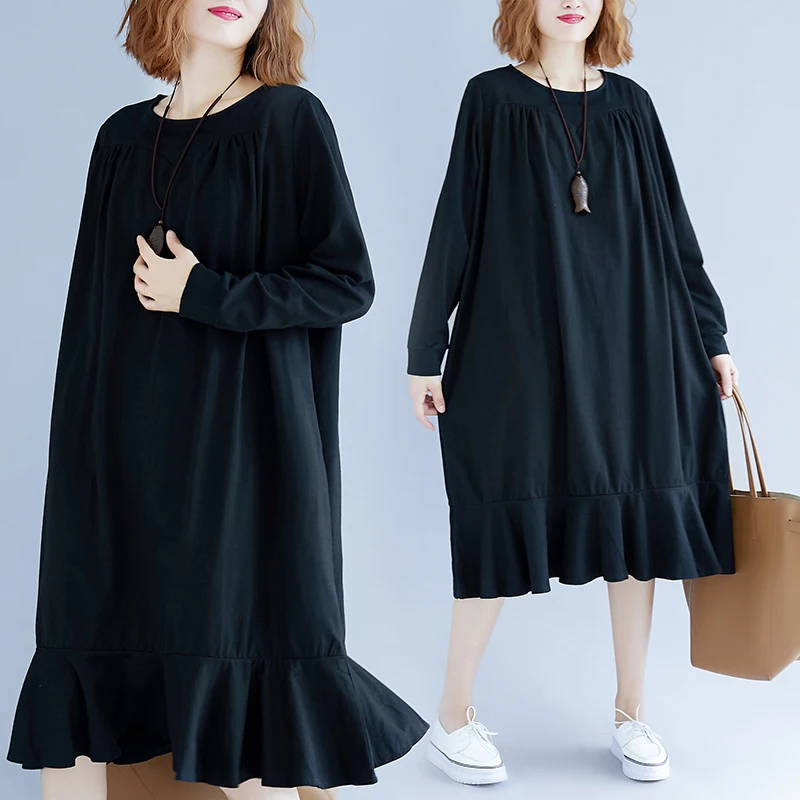 

BIG SIZE 5XL Autumn Winter Women European Fashion Solid Color Tops Ladies Female Plus Large Long Loose Ruffles Dress Vestidos