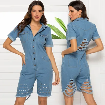 

Sexy Denim Jumpsuit Overalls Women Party Summer Playsuits Hollow Out Jeans Romper Female Fashion Short Bodycon Elegant Jumpsuit