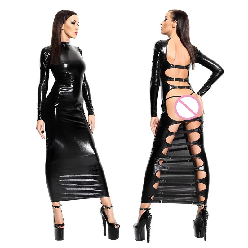 

Sexy Black Leather Latex Women Night Club Dress 2018 Ladies Erotic Open Back Cut Out Bondage Catsuit Clubwear Fetish Nightdress