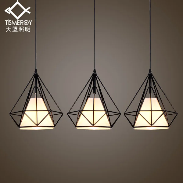 

Modern minimalist retro diamond hanging lamp Coffee iron bar three head office of industry of restaurant lighting