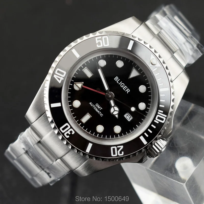 BLIGER большой 43 мм стерильный циферблат керамический ободок красный GMT автоматический Дата мужские наручные часы