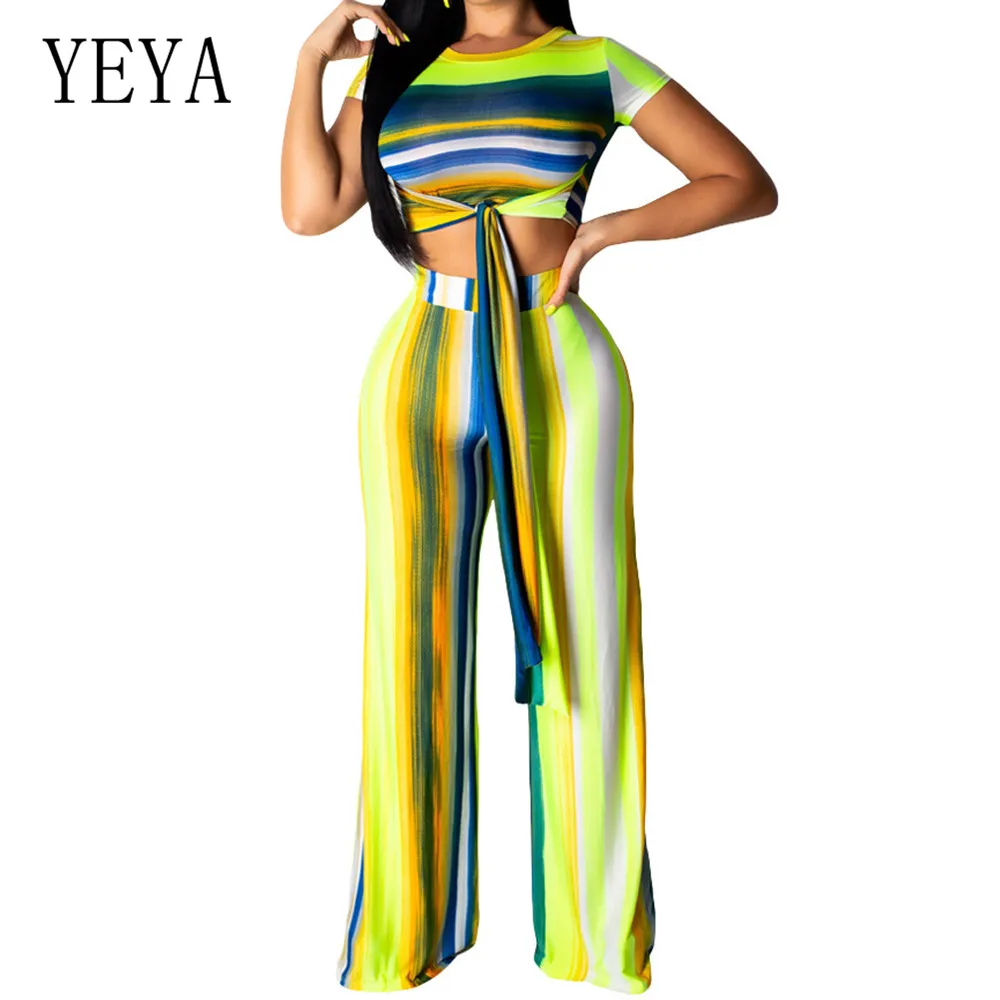 

YEYA New Style Retro Striped Jumpsuits with Belt 2 Piece Sets O-neck Lace Up Top and Loose Pants Summer Casual Combinaison Femme