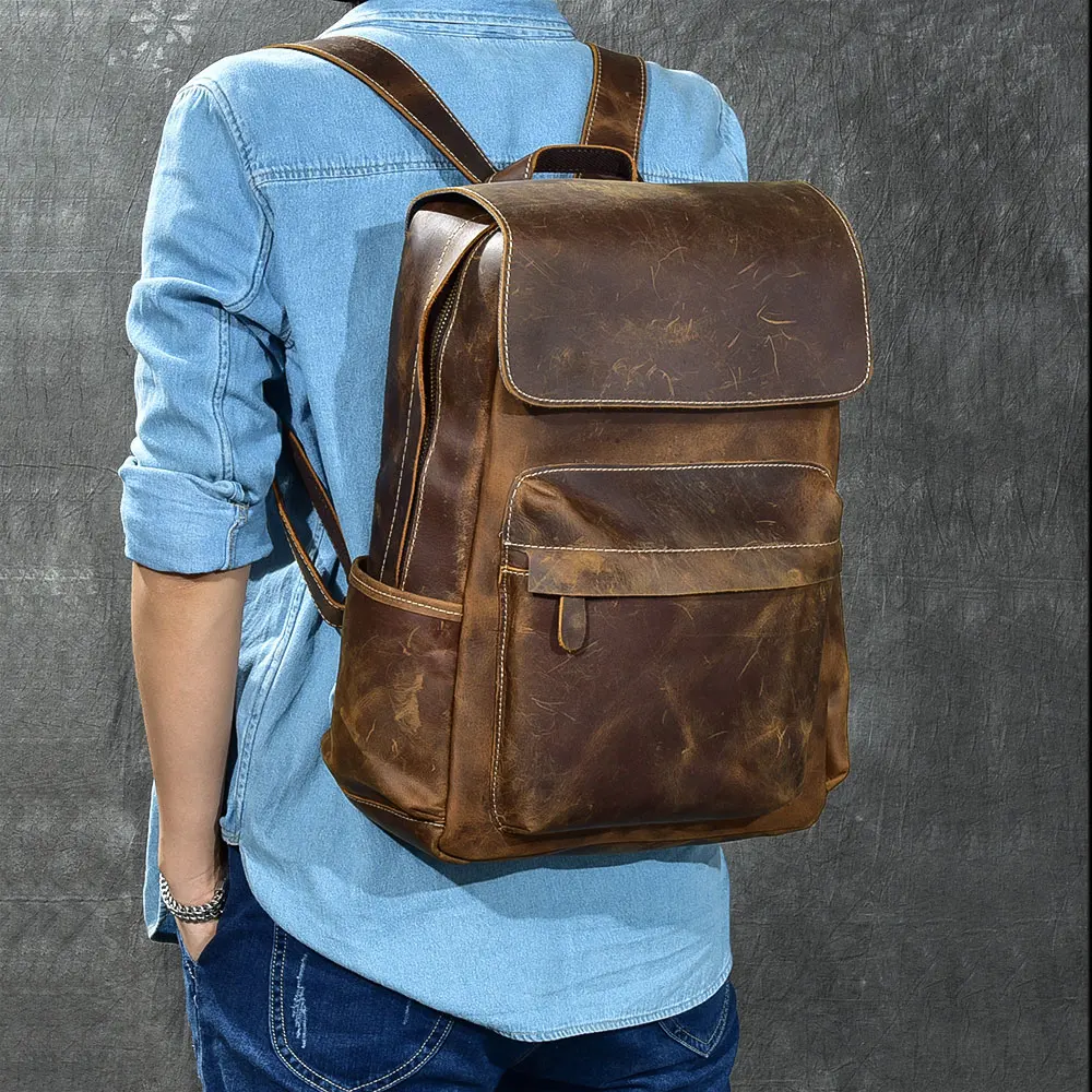 Brand Designer Men Genuine Leather Backpack Crazy Horse Vintage Daypack ...