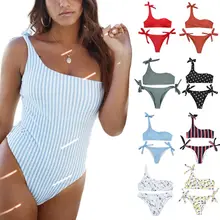 9 Styles Womens Two Piece Bikini Set Tie Knot Straps One Shoulder Swimsuit Low Waist Side Tie Contrast Colored Vertical Stripes 9 Styles Womens Two Piece Bikini Set Tie Knot Straps One Shoulder Swimsuit Low Waist Side Tie Contrast Colored Vertical Stripes