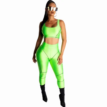 

Neon Green Orange Fitness Two Piece Set Women Sleeveless Tank Crop Top and Pencil Pants Casual Sweat Suit Matching Set Outfits