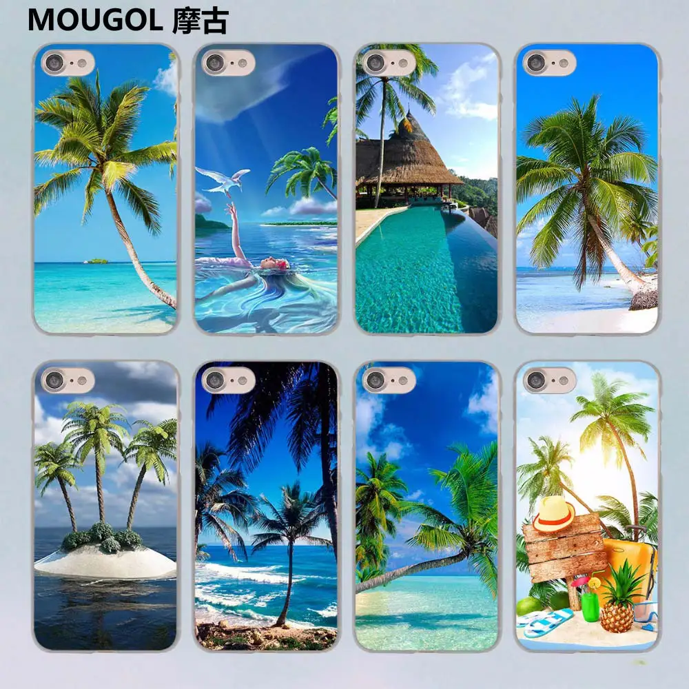 

summer Beach Scene at Sunset on sea Palm Tree design transparent clear hard case cover for Apple iPhone 7 7Plus 6S 6 Plus 5 5s S