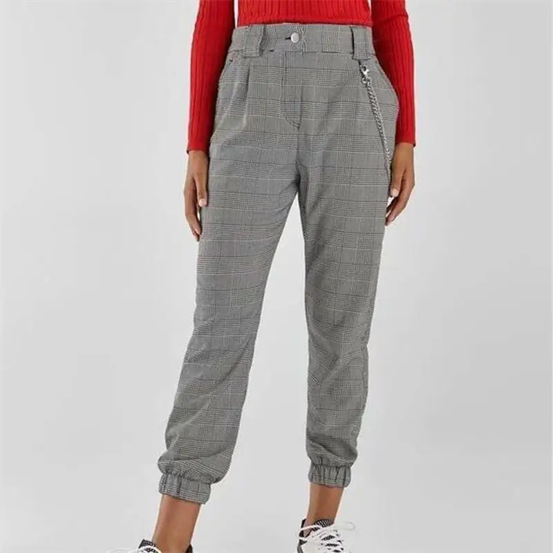 

Lady Fashion Gray Plaid Contrast color Elastic waist Chain pants Spring Casual High Waist Gray Harem Pants Female trousers#N734