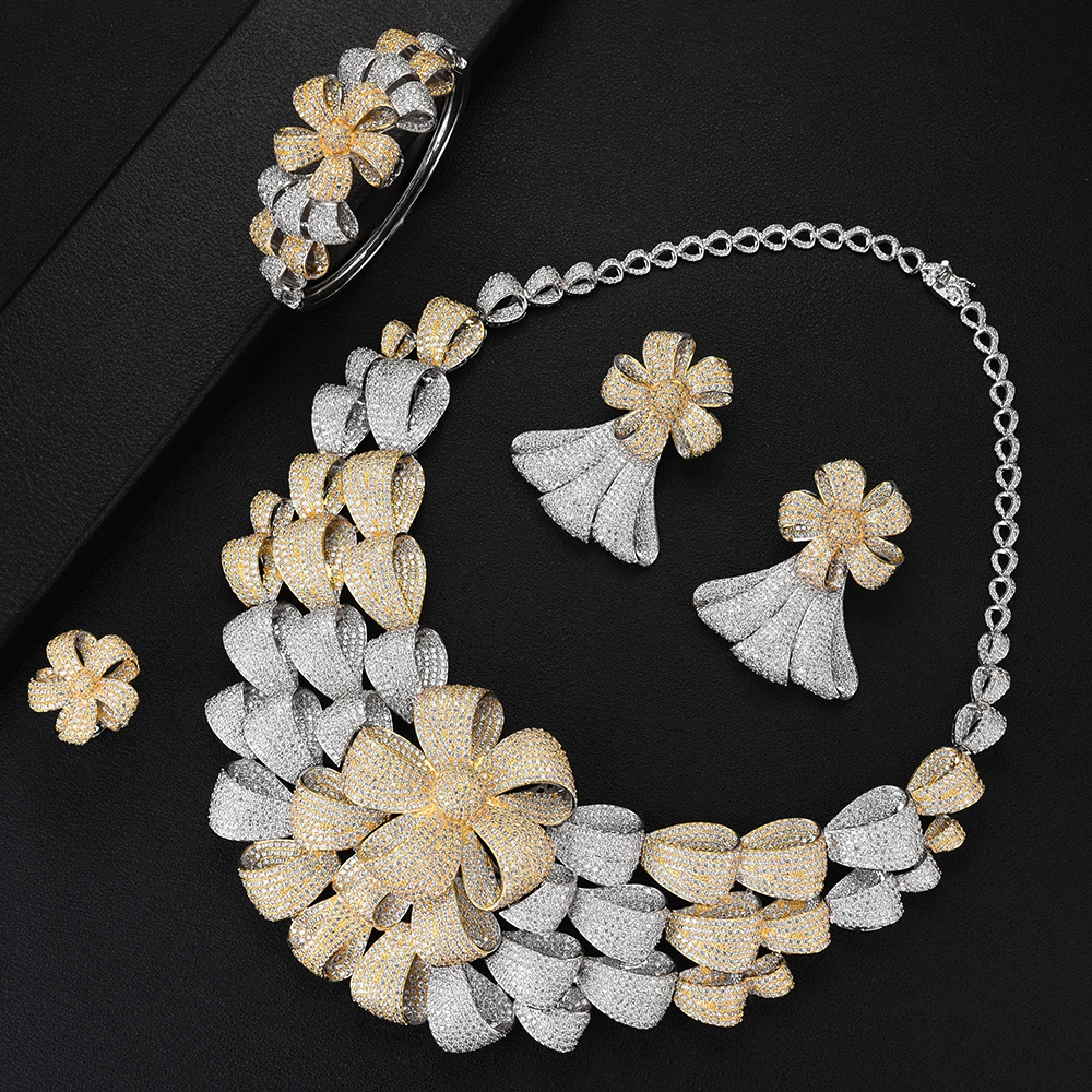 SisCathy Luxury Flower Bicolor Jewelry Sets Women Wedding Cubic Zirconia Dubai Gold Necklace Earrings Bangle Ring | Украшения и