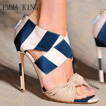 

EMMA KING gladiator sandals women blue stripe back zipper knot pattern simple high heels for Evening party size 35-43