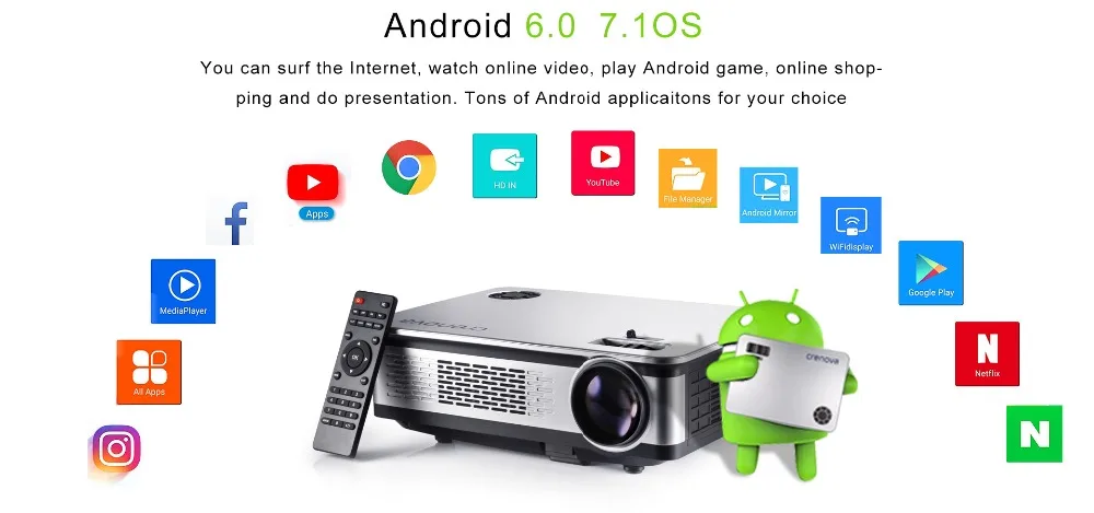 CRENOVA 4500 люмен видео проектор для Full HD 1920*1080 Android проектор с wifi Bluetooth Android 6,0 7,1 OS светодиодный проектор