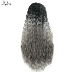 Sylvia натуральный волос черный корни Ombre серый волна воды Длинные Синтетические волосы ручной работы Синтетические волосы на кружеве парики