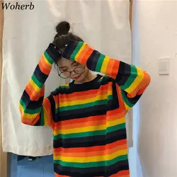 Woherb корейский Свободный Радужный свитер женский 2019 Осень Новый Modis винтажный полосатый вязаный пуловер женский Harajuku джемпер 22871