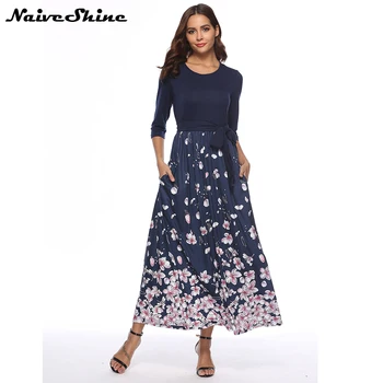 

Naive Shine Women's Retro Floral Summer Autumn Casual Dress 3/4 Sleeve O-neck Elegant Vintage Maxi Dresses Female Long Dress