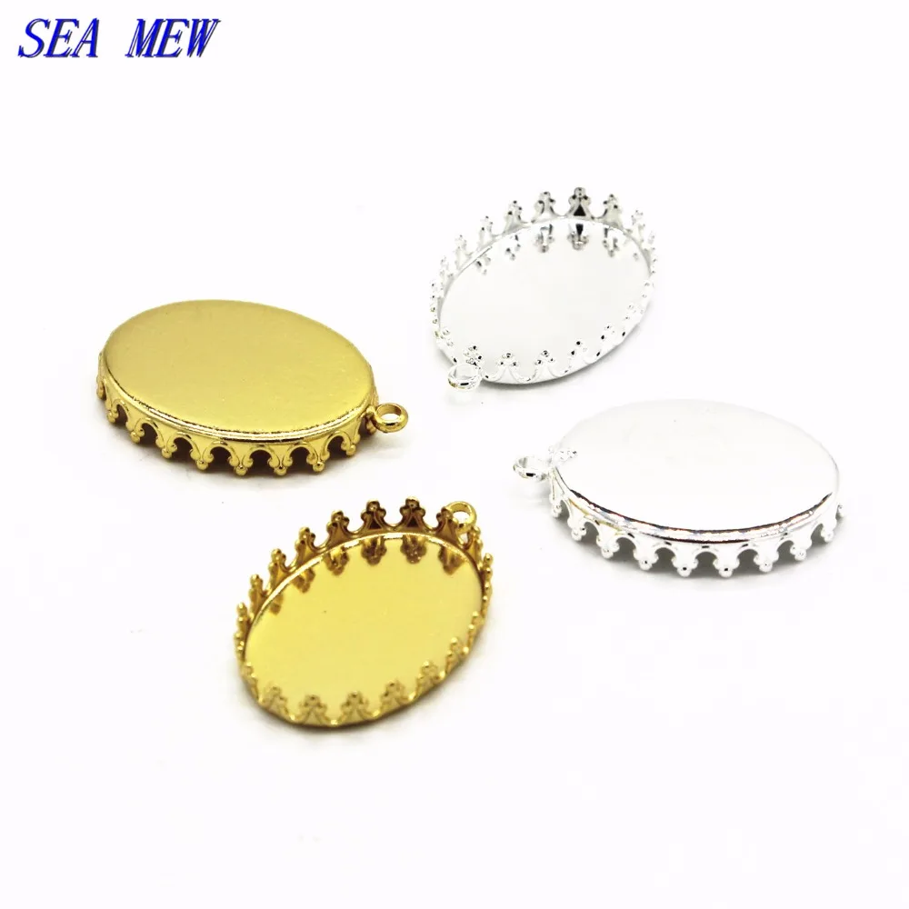 

SEA MEW 20 PCS 18*25mm 13*18mm Oval Cabochon Base 6 Colors Plated Copper Crown Pendant Setting Bezel Blank For Jewelry Making