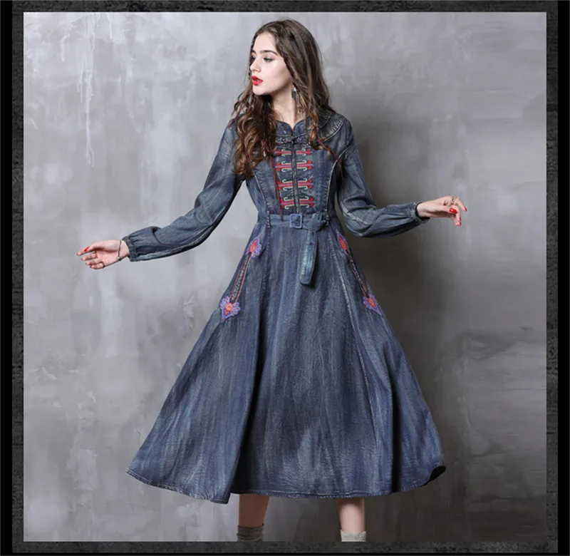Vintage Autumn Dress Women 2018 Brand Denim Vestidos Stand Collar Long Sleeve Embroidery Belted Slim Wasit Women Dresses 82115 (13)