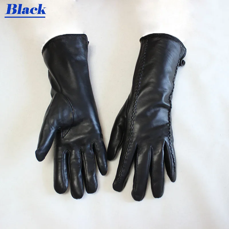 Leather gloves women's sheepskin gloves long stripe style plus velvet warm autumn and winter windproof gloves free shipping