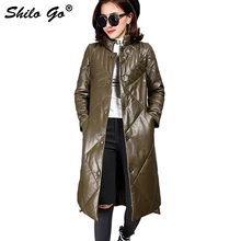 SHILO GO пуховое кожаное пальто Женская Зимняя мода Овчина натуральная кожа длинное пальто стоячий воротник с одной пуговицей длинный рукав пальто